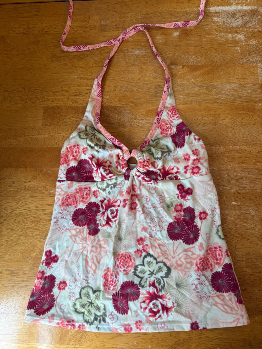 Victoria Secret Cream Red Pink Floral Neck Tie Swim Tankini Top